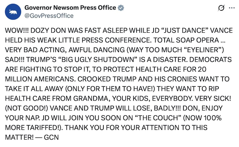 Governor Gavin Newsom's Press Office X Account troll Trump and JD Vance.