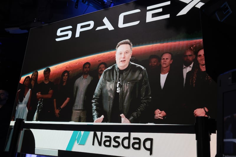 Elon Musk, founder and CEO of SpaceX, speaks via video before the ringing of the opening bell at the Nasdaq MarketSite at the launch of the company's initial public offering on June 12, 2026, in New York City.