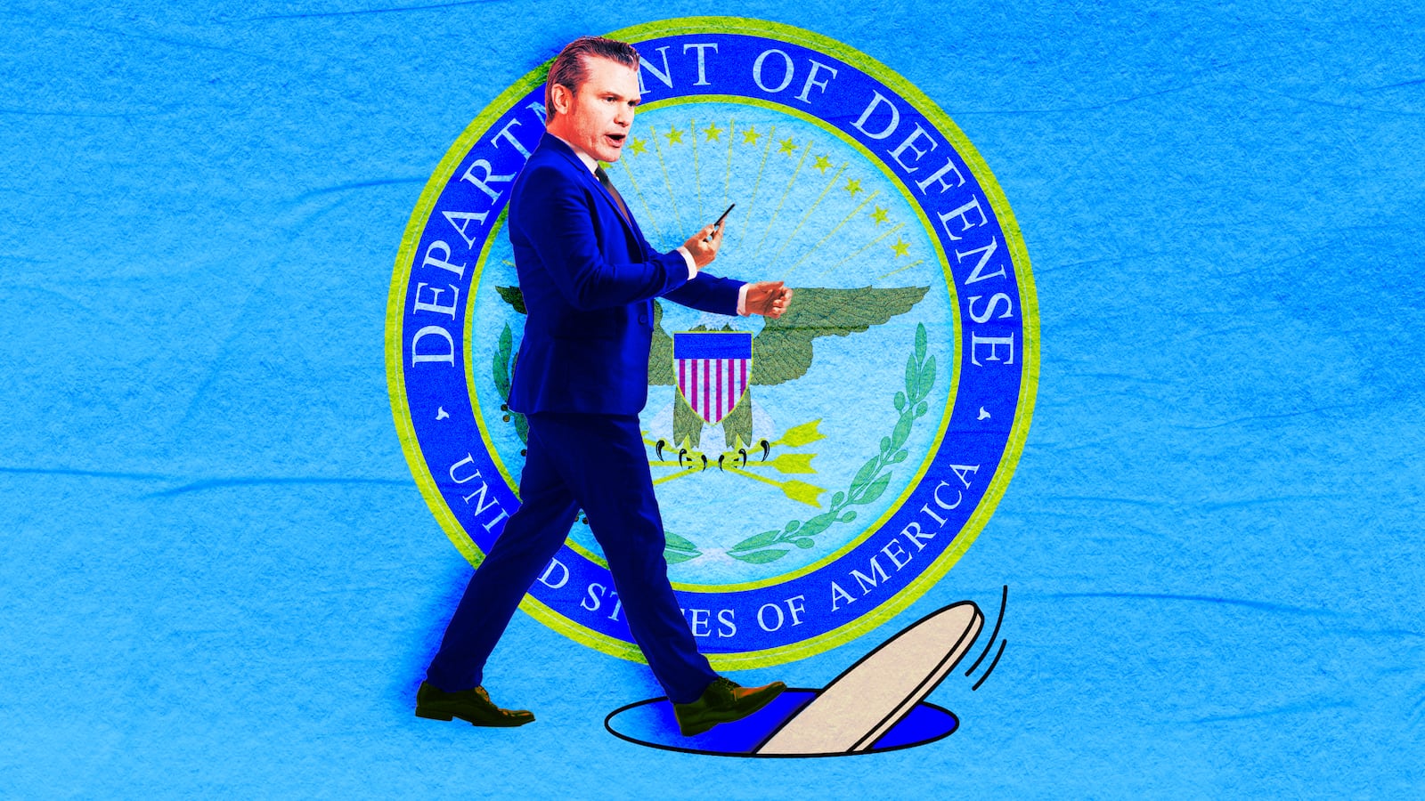 A photo illustration Secretary of Defense Pete Hegseth walking into an open manhole cover.