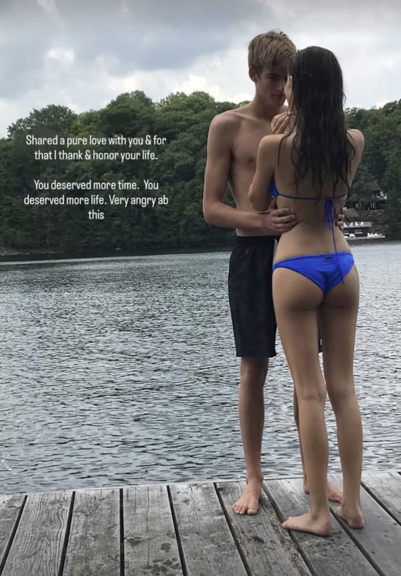 Presley Gerber and ex-girlfriend Charlotte Gerber embrace in an old photo shared by D'Alessio. It is captioned "Shared a pure love with you & for you that I thank & honor your life. You deserved more time. You deserved more life. Very angry ab this"