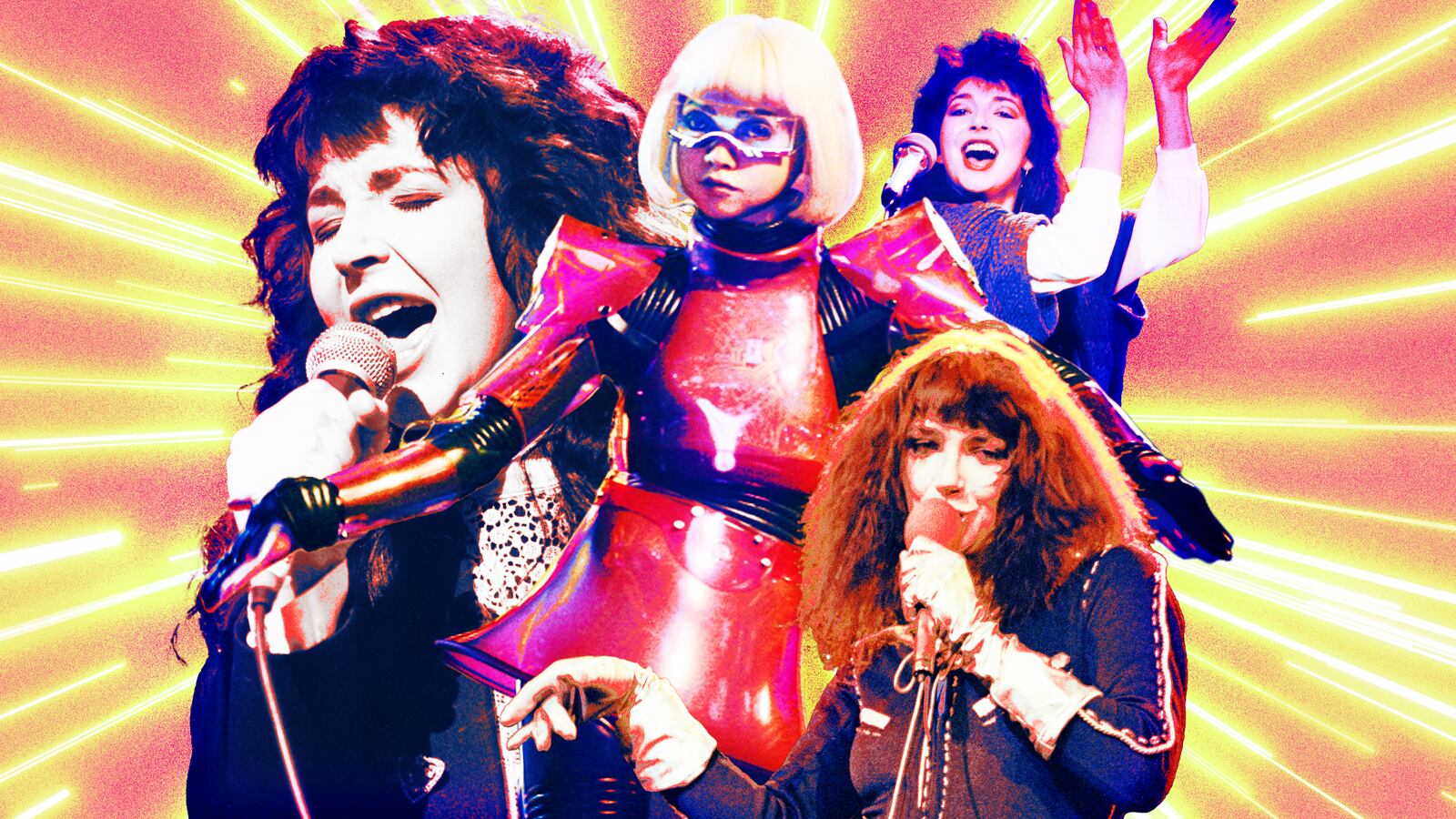 A photo illustration of M3GAN and Kate Bush performing.