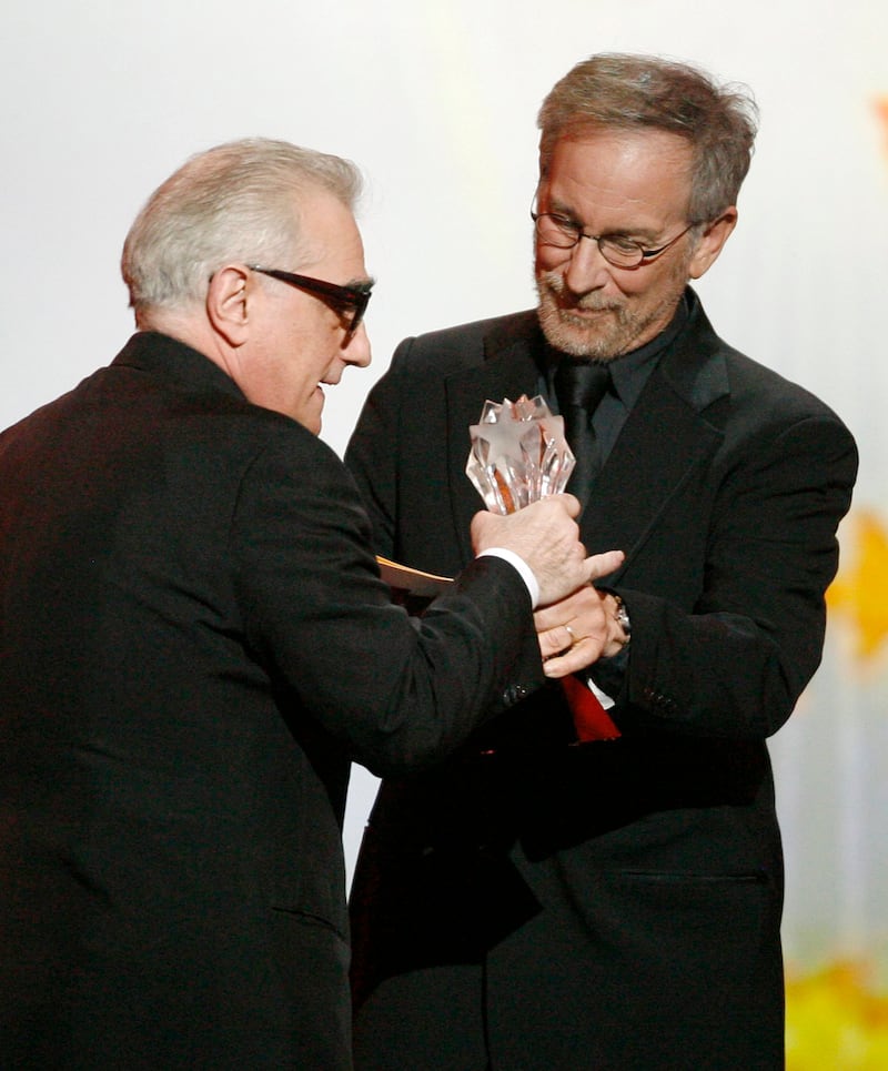 Director Martin Scorsese (L) accepts the award for best director for his film 'The Departed' from director Steven Speilberg at the 12th annual Critics' Choice Awards in Santa Monica, California January 12, 2007. The awards are given out by the Broadcast Film Critics Association (BFCA) to recognize excellence in cinematic achievement