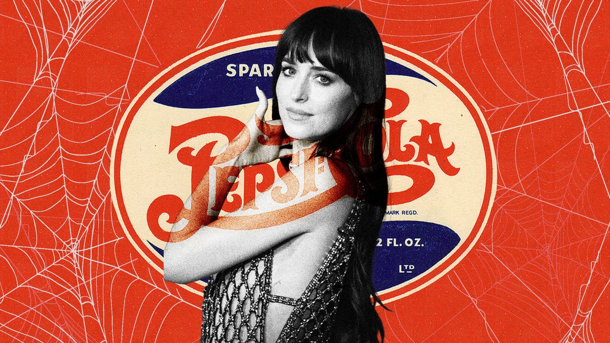 Photo illustration of Dakota Johnson from the Madame Web press tour in front of a retro Pepsi ad with spiderwebs in the background