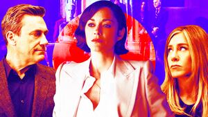 A photo illustration of Jon Hamm, Marion Cotillard, and Jennifer Aniston in The Morning Show.