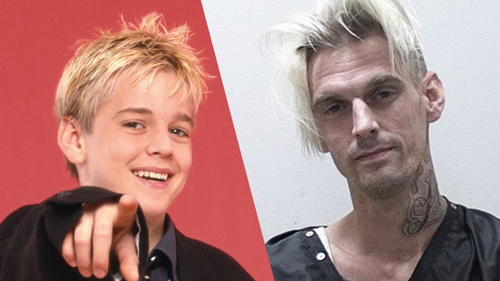 Side-by-side image of Aaron Carter young/and current photo.