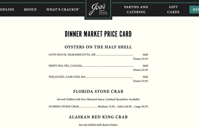 Joe's Seafood menu