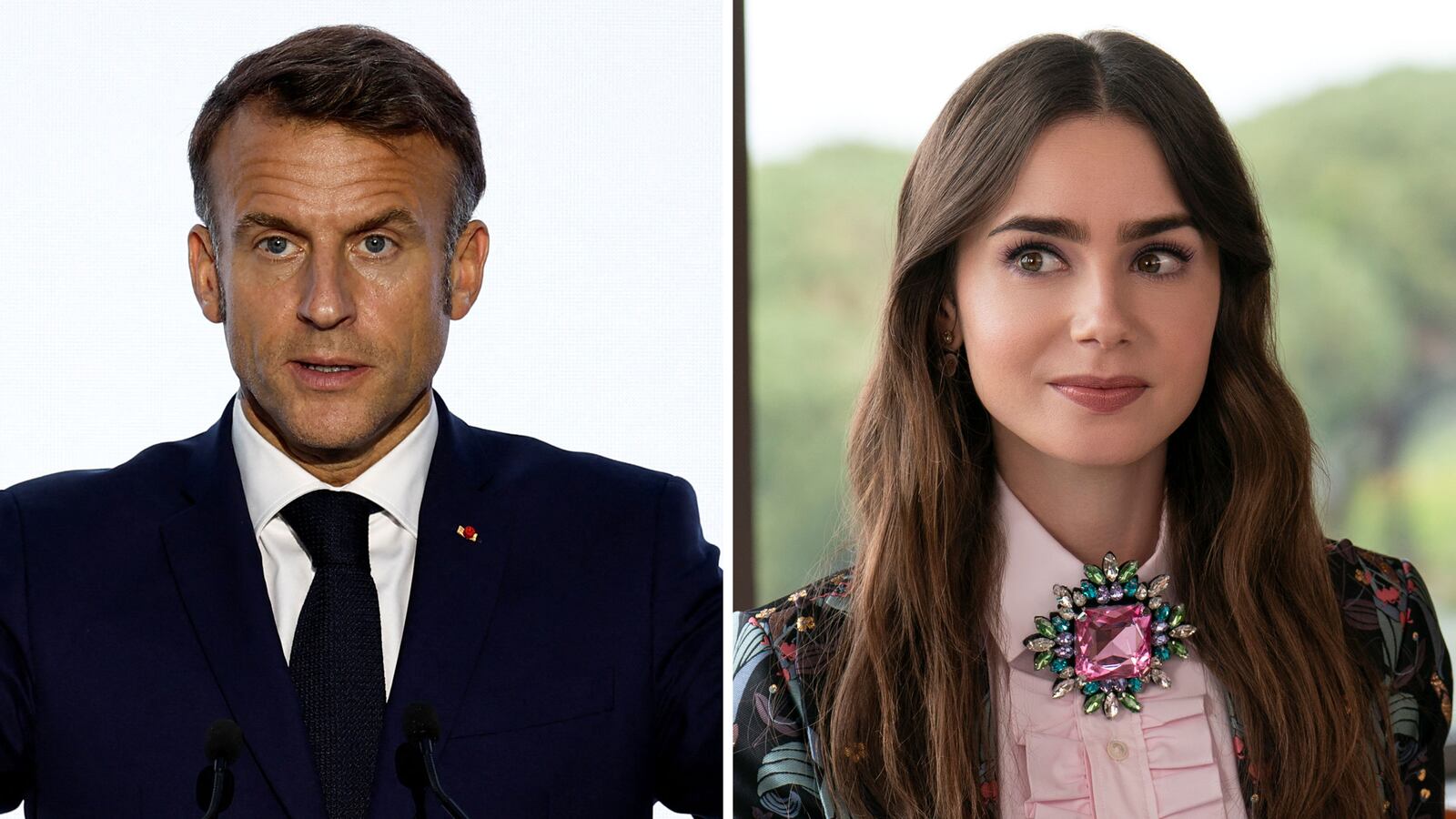 Emmanuel Macron and Lily Collins in Emily in Paris