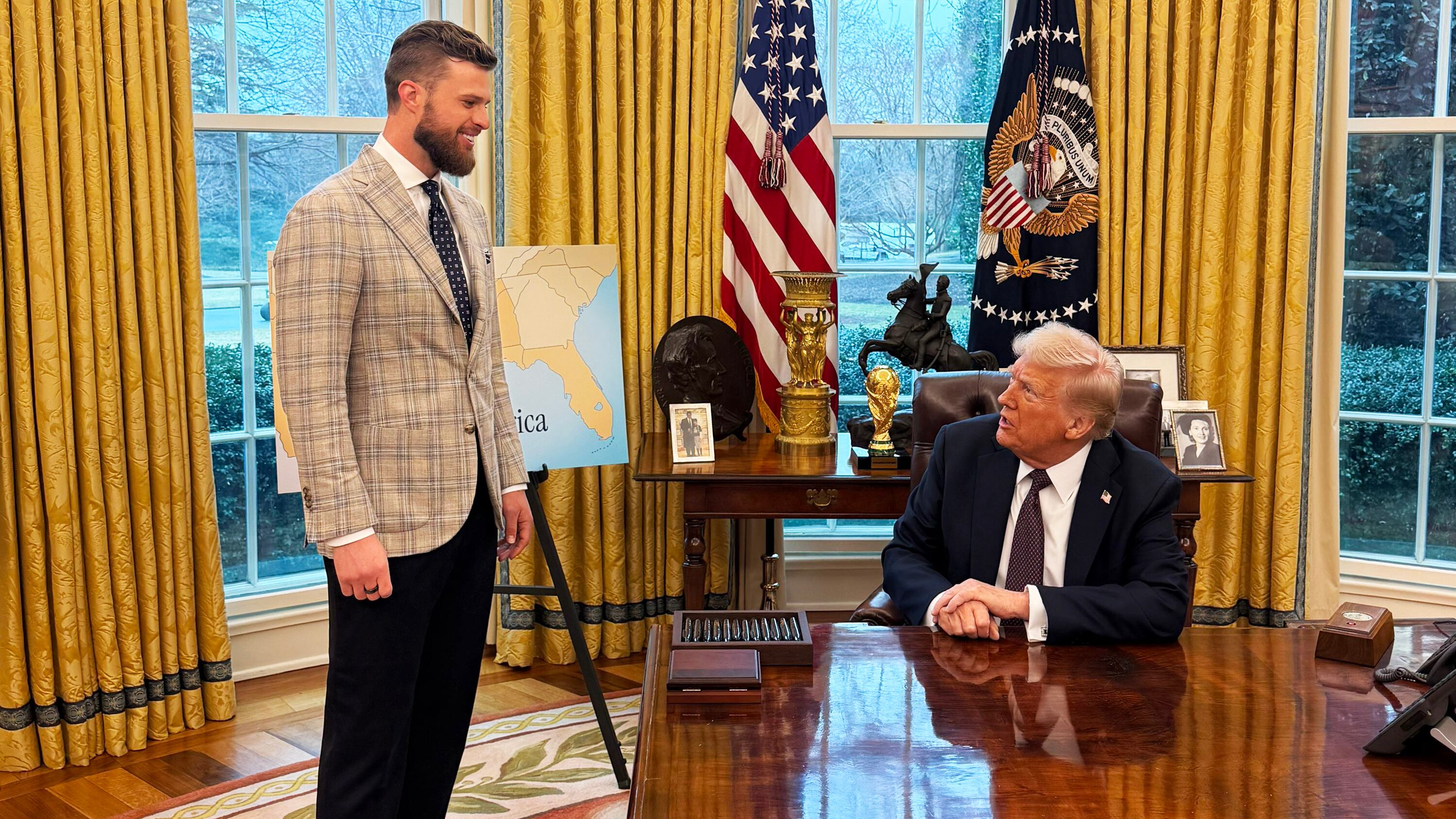 Kansas City Chiefs kicker Harrison Butker meeting President Donald Trump.