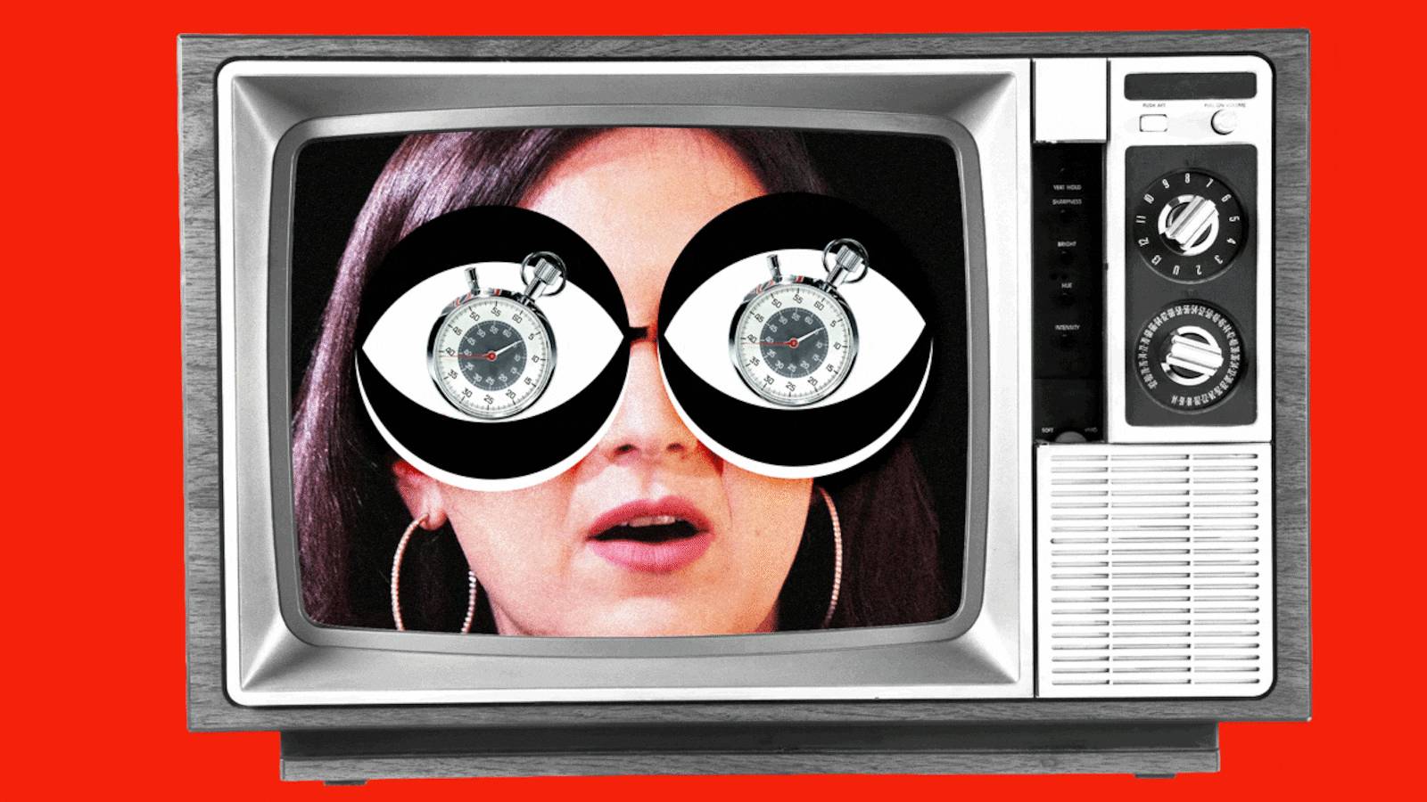 Illo Illustration gif of Bari Weiss with the CBS logo eyes looking back and forth in an old television