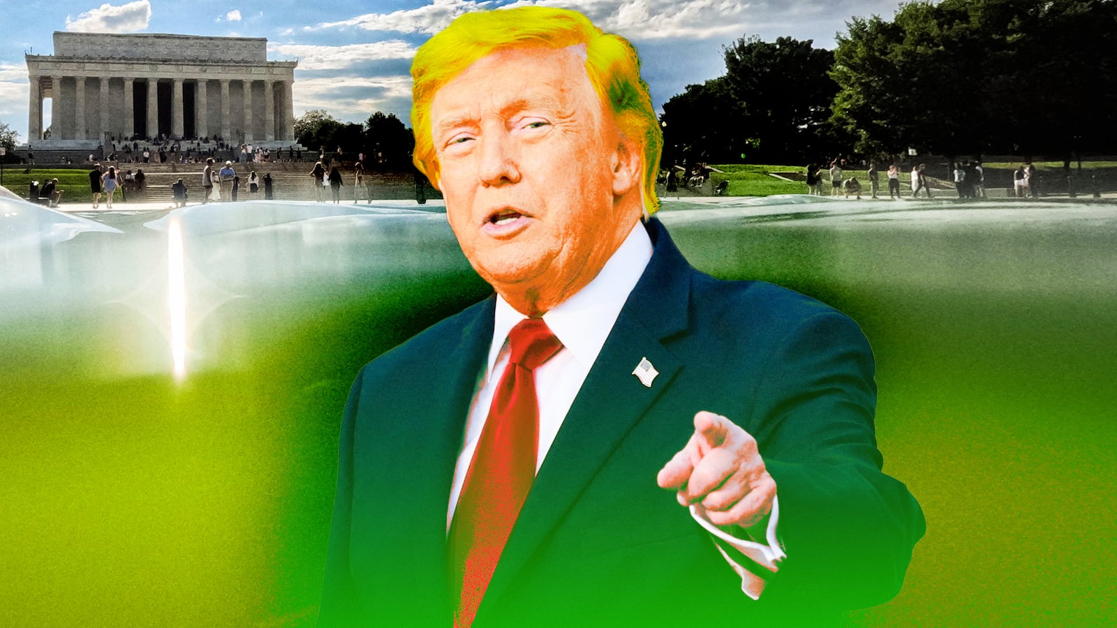 A photo illustration illo of Donald Trump and the D.C. reflecting pool.