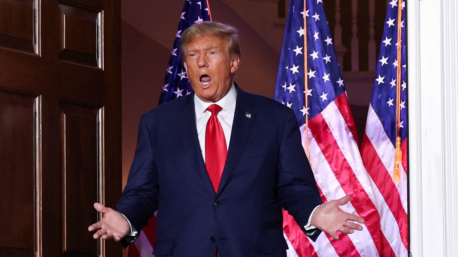 Former U.S. President Donald Trump reacts during an event following his arraignment on classified document charges, at Trump National Golf Club, in Bedminster, New Jersey, U.S., June 13, 2023.