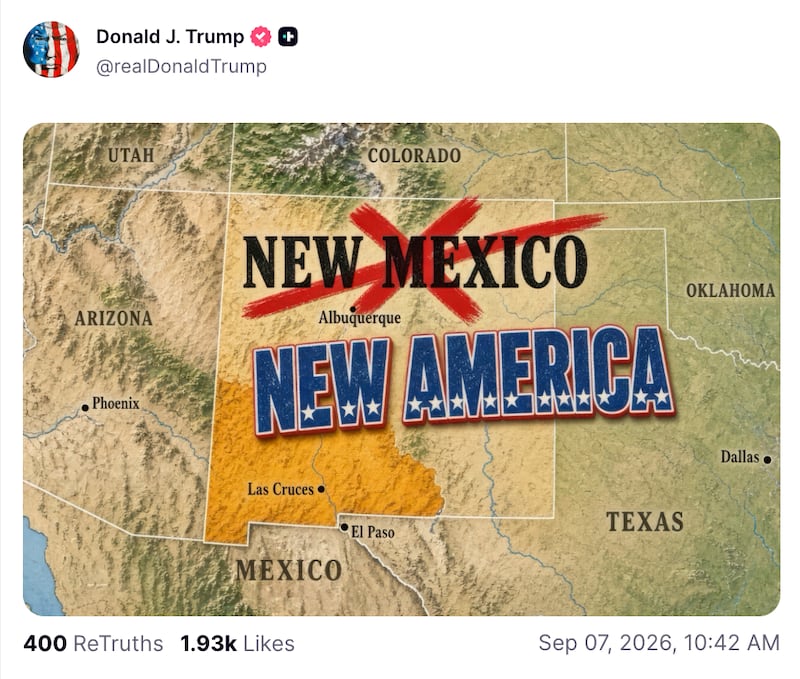 One of President Donald Trump’s seven posts on Monday morning in which he advocated for changing the name of New Mexico to “New America.”