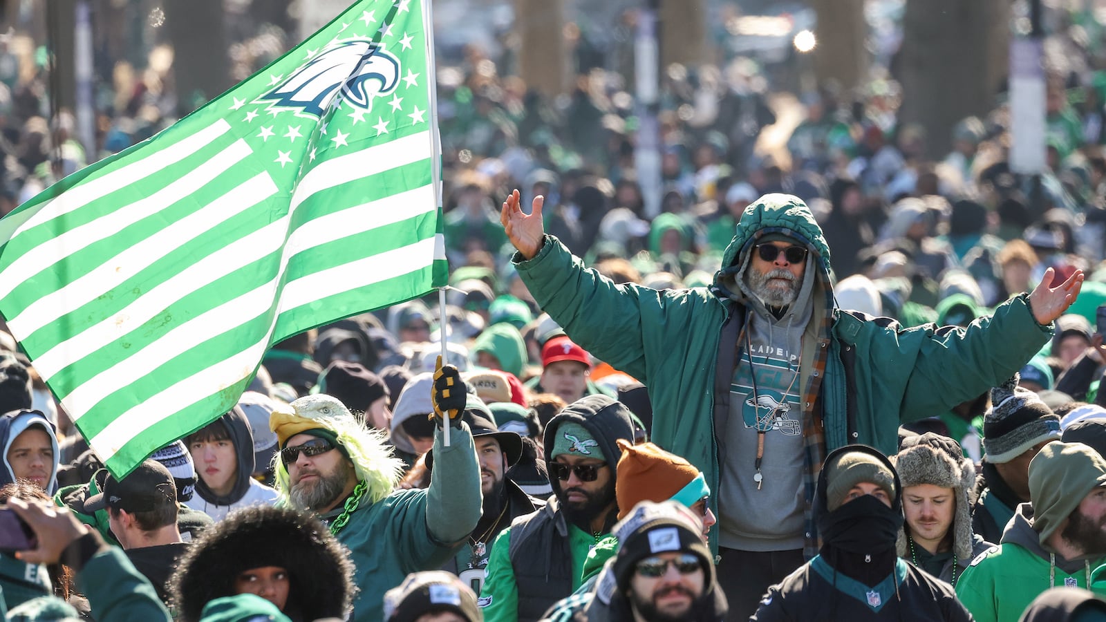PHILADELPHIA, PENNSYLVANIA - FEBRUARY 14: Fans celebrate during the Philadelphia Eagles Super Bowl Championship Parade on February 14, 2025 in Philadelphia, Pennsylvania. (Photo by Emilee Chinn/Getty Images)