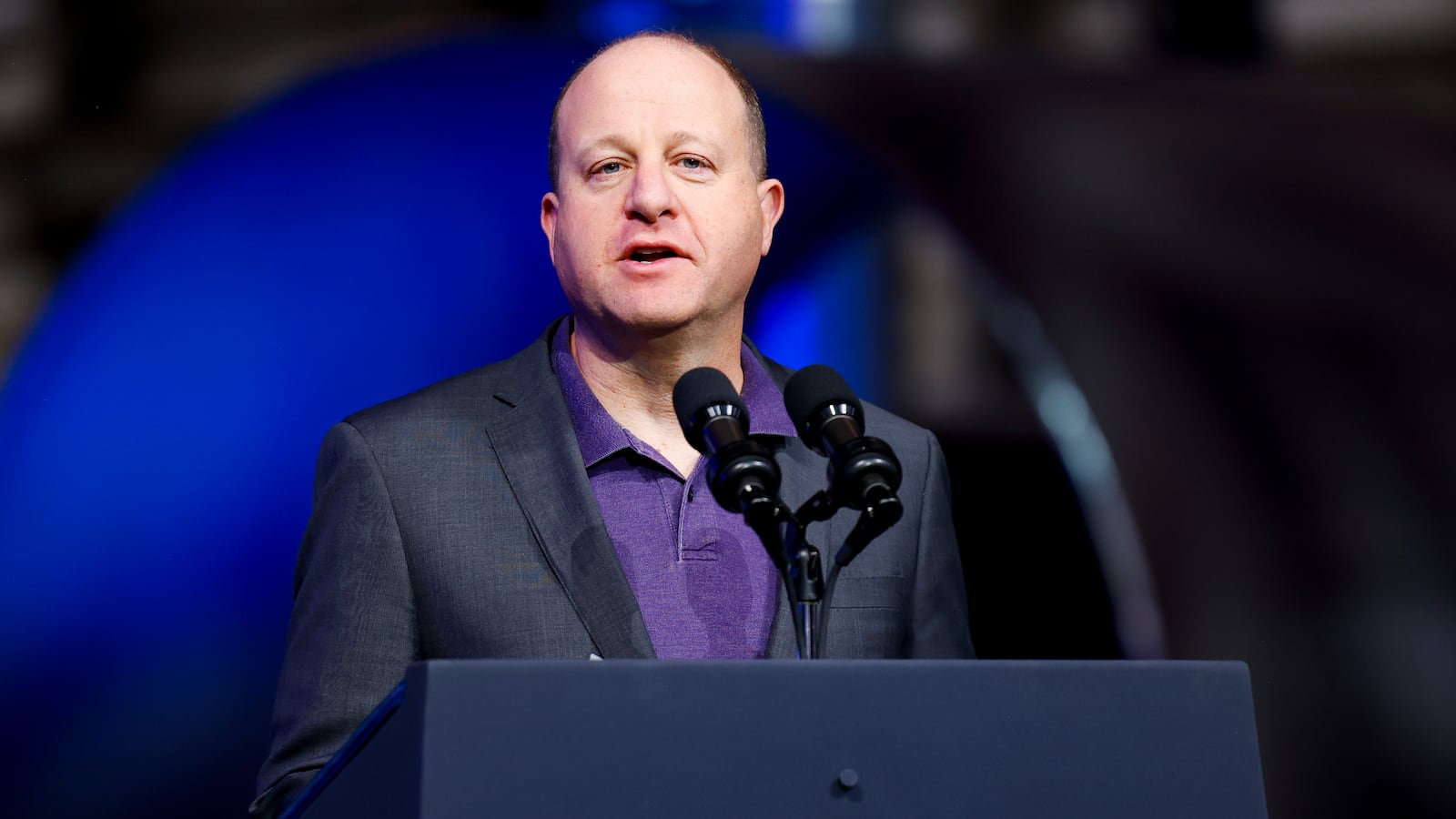 Governor Jared Polis speaking in Pueblo, Colorado.