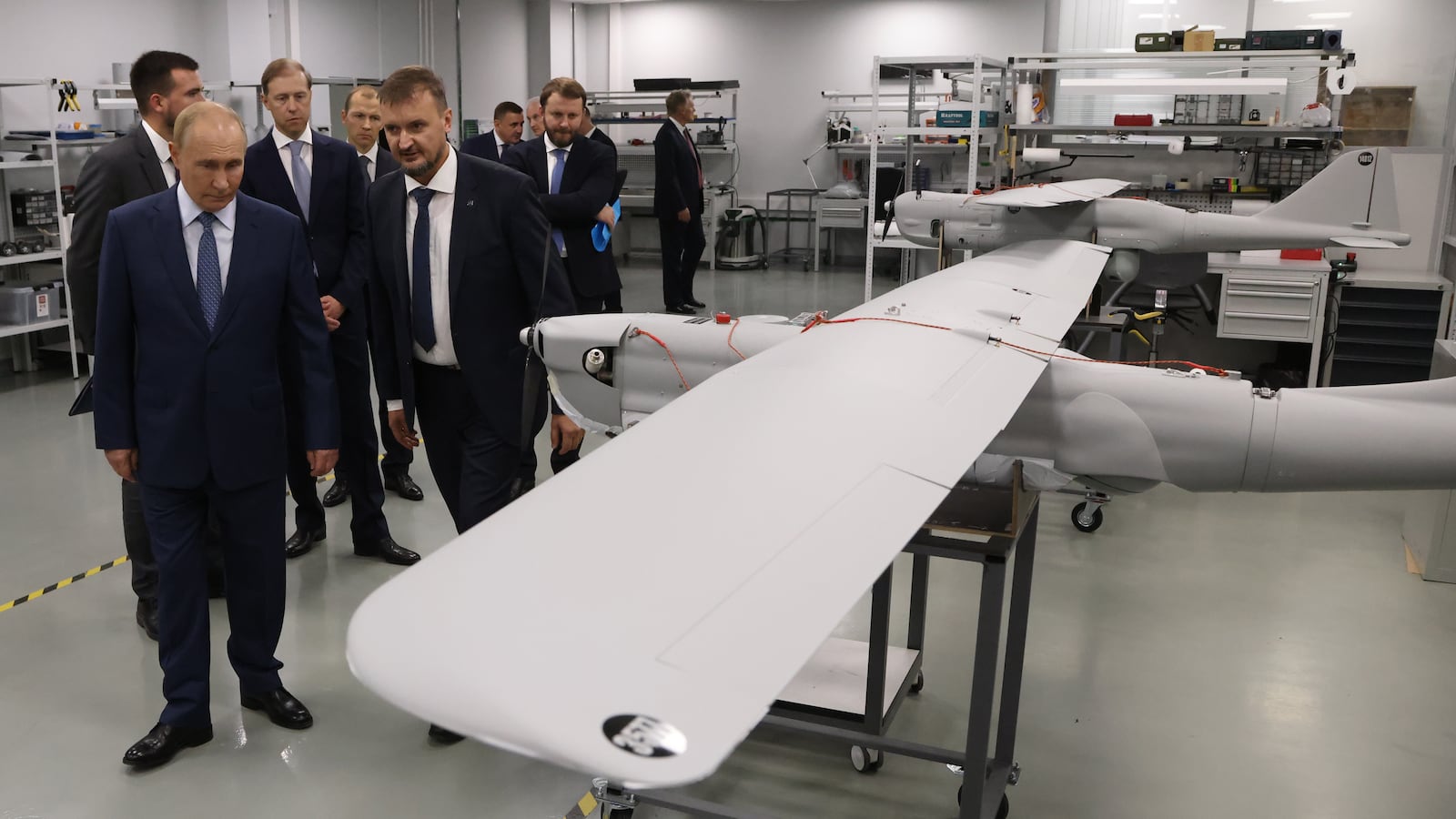 SAINT PETERSBURG, RUSSIA - SEPTEMBER 19: (RUSSIA OUT) Russian President Vladimir Putin observes an exhibition of Orlan-10 UAV drones at the Special Technology Center on September 19, 2024 in Saint Petersburg, Russia. Putin visited a plant, producing unmanned aerial vehicles for military purposes. (Photo by Contributor/Getty Images)