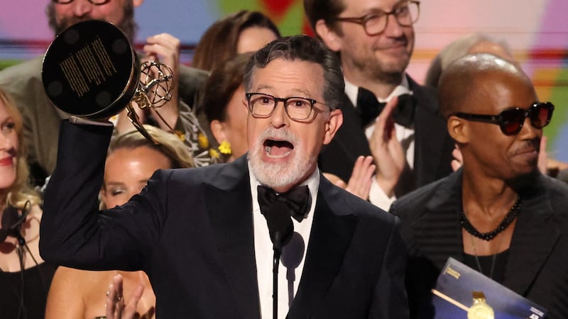 Stephen Colbert and cast and crew accept the award for Outstanding Variety Series for "The Late Show with Stephen Colbert" during the 78th Primetime Emmy Awards in Los Angeles, California, U.S., September 14, 2026. REUTERS/Mario Anzuoni