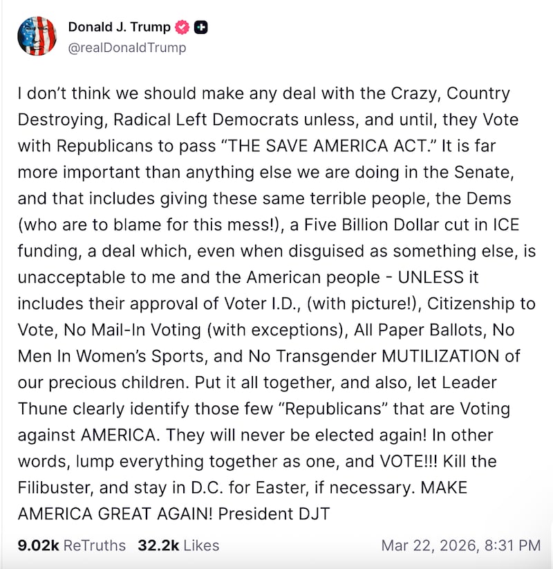 Trump's post about holding travelers hostage until the Senate lumps the SAVE America Act and a DHS funding deal together.