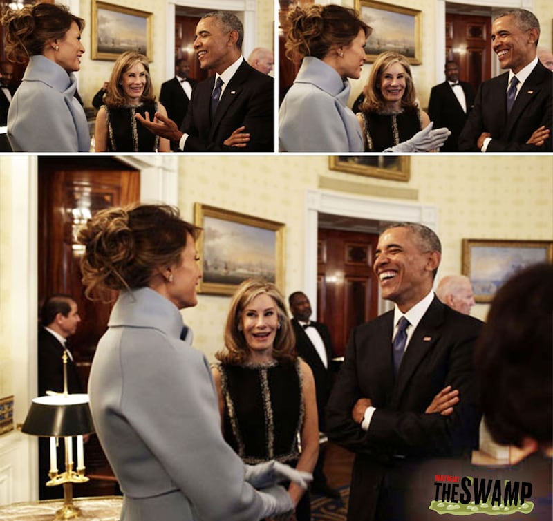 Photographs from the Obama Presidential Library of Donald Trump, Joe Biden, Barack Obama, and Melania Trump.