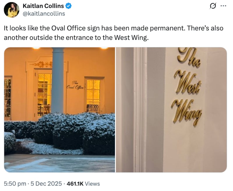 Kaitlan Collins' tweet about the new White House signs