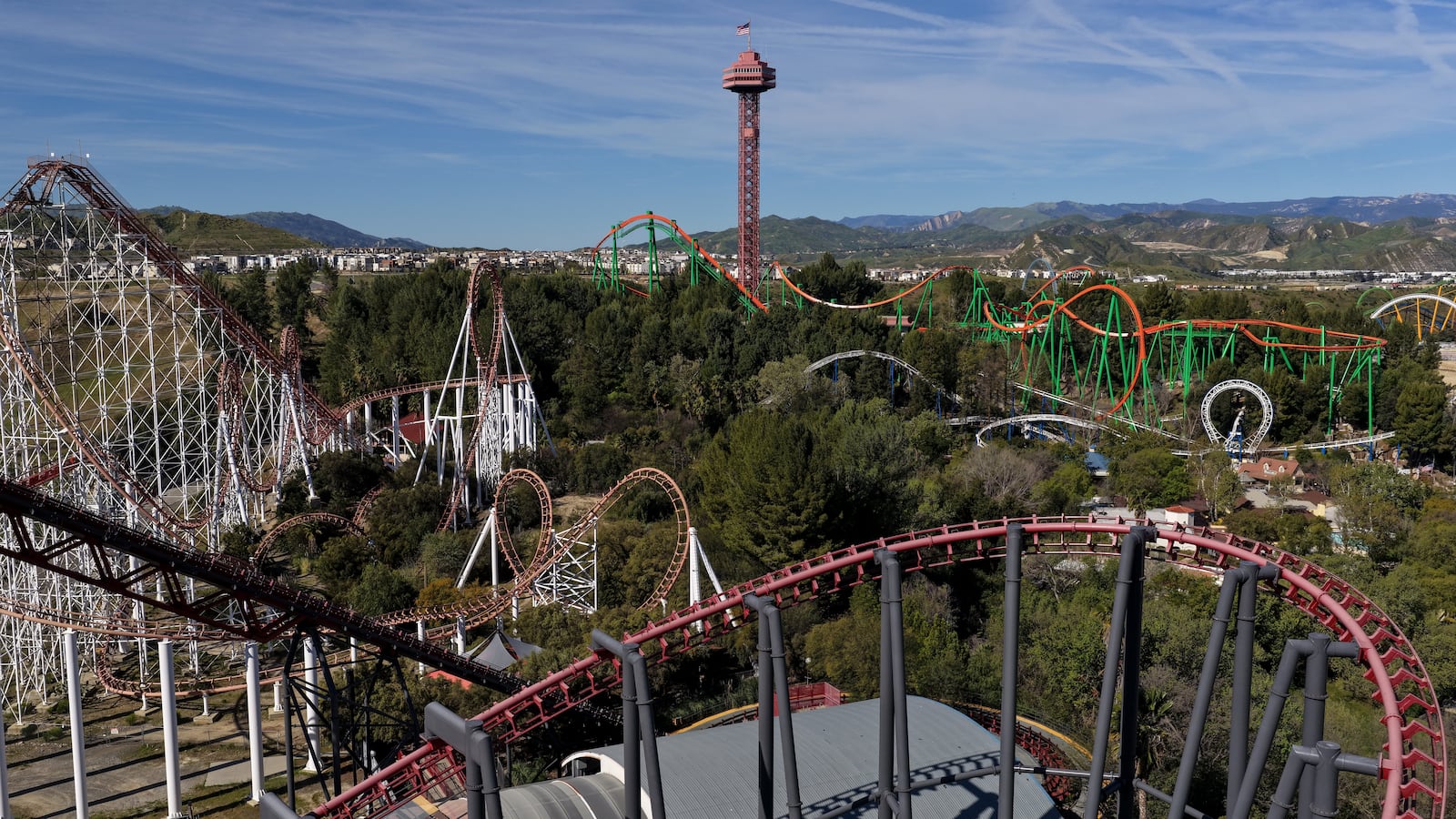 An aerial view of roller coasters at Six Flags Magic Mountain