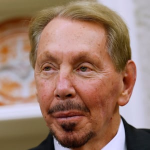 WASHINGTON, DC - FEBRUARY 03: Oracle co-founder, CTO and Executive Chairman Larry Ellison listens as U.S. President Donald Trump speaks to reporters in the Oval Office of the White House on February 03, 2025 in Washington, DC. After signing a series of executive orders and proclamations, Trump spoke to reporters about a range of topics including recent negotiations with Mexico on tarriffs. (Photo by Anna Moneymaker/Getty Images)
