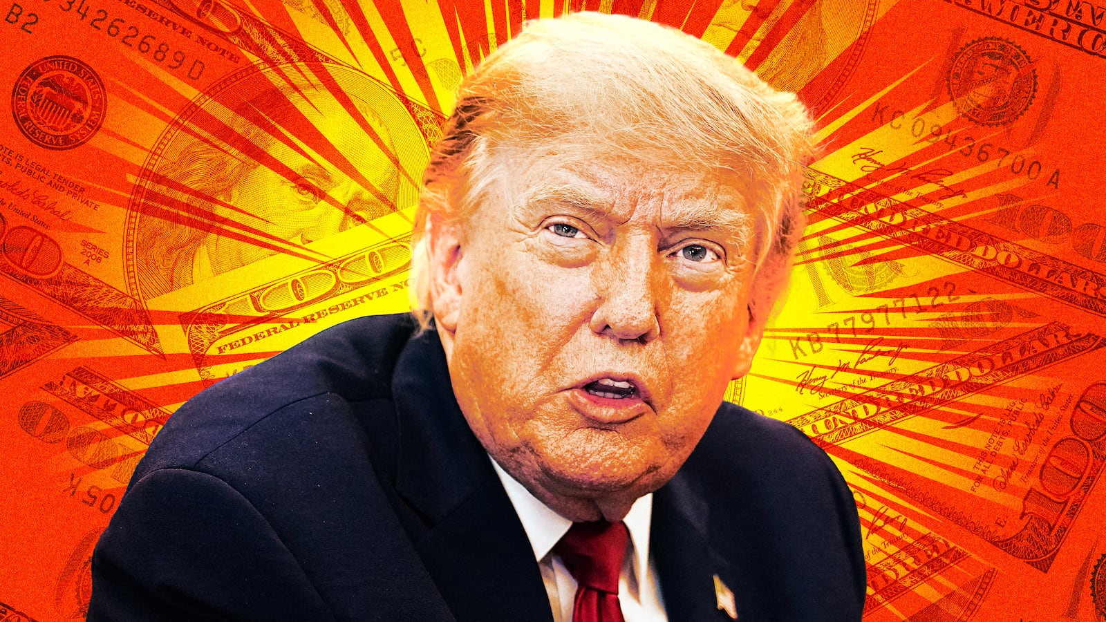 A photo illo illustration of Donald Trump and money.