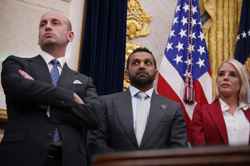 White House Deputy Chief of Staff Stephen Miller, FBI Director Kash Patel and Attorney General Pam Bondi listen to President Donald Trump in the Oval Office of the White House on September 25, 2025 in Washington, D.C.
