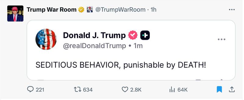 Trump made violent threats against his political foes in an unhinged Truth Social tirade on Thursday.