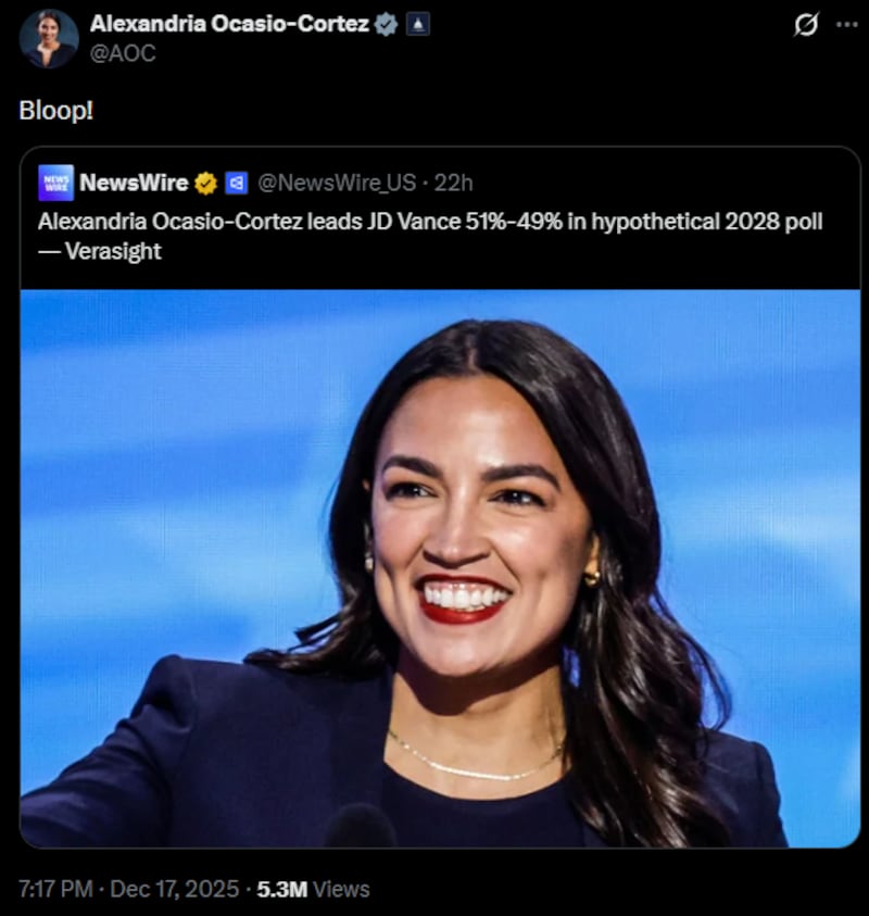AOC shared polling data that positioned her ahead of JD Vance in a presidential showdown.