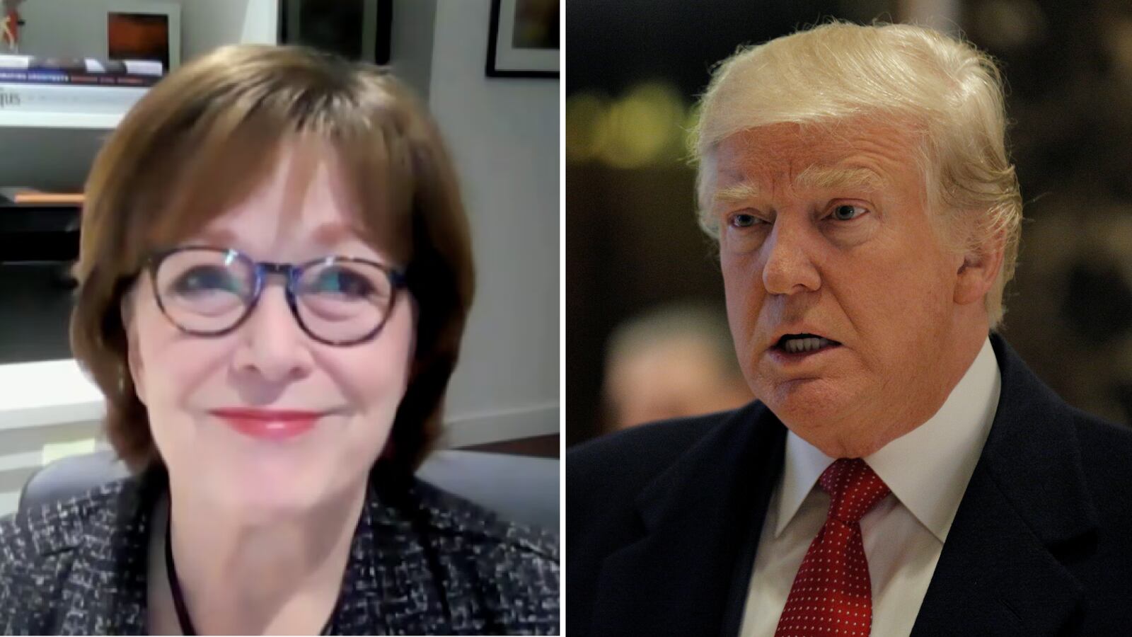 Iowa pollster Ann Selzer, left, and Donald Trump, right.