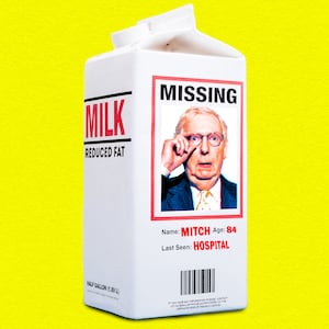 A photo illo illustration of Mitch McConnell on a missing milk carton.