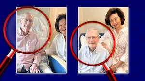 A photo illo illustration of magnifying glasses over the two hospital photos released by Sen. Mitch McConnell's team.