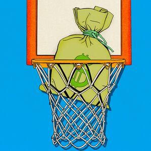 Illustration of a money bag in a basketball hoop
