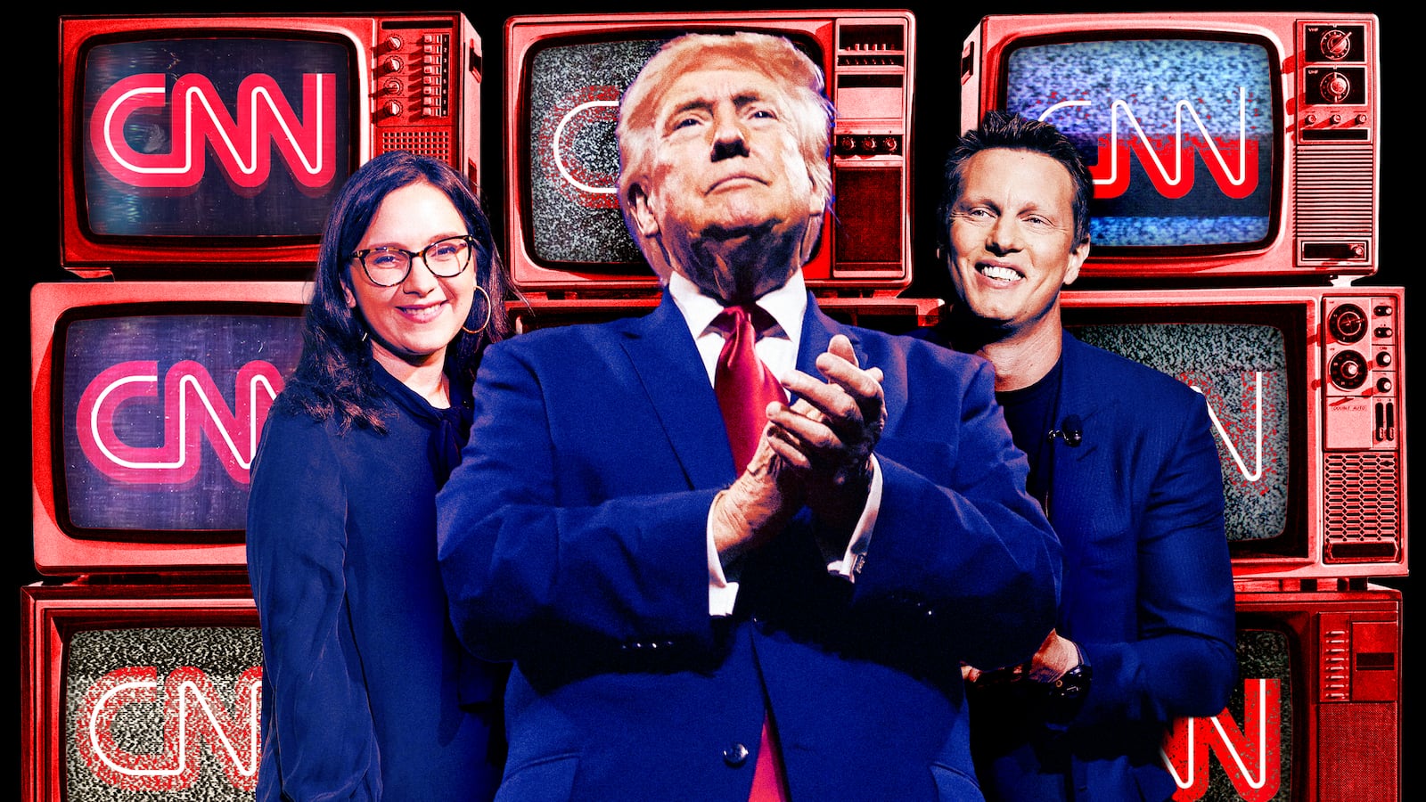 A photo illustration of Donald Trump, Bari Weiss, and David Ellison in front of TV sets with the CNN logo.