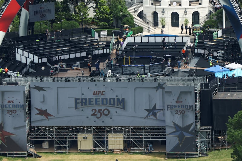 Construction continues on a temporary arena that will host the UFC Freedom 250 fight card at the White House in Washington, D.C., U.S., June 9, 2026. REUTERS/Kevin Lamarque