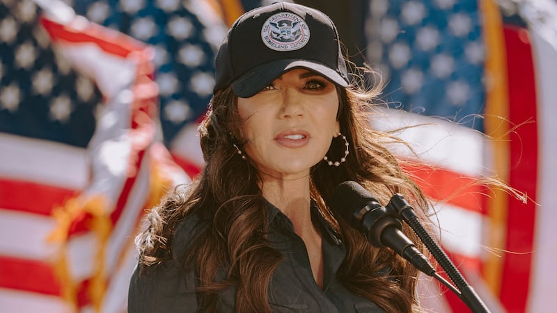 Homeland Security Secretary Kristi Noem speaks during a press conference in Nogales, Arizona, on February 4, 2026.