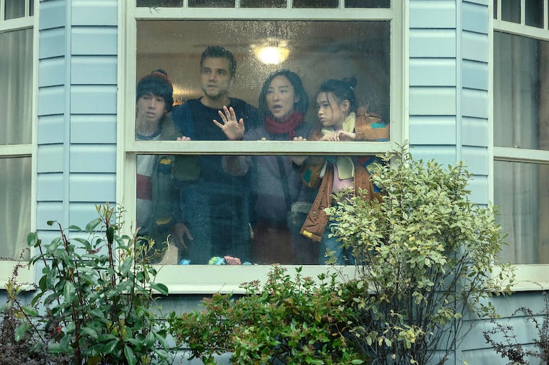 Wagner Moura, Noah Alexander Sosnowski, Riley Chung, and Greta Lee in The Last House.