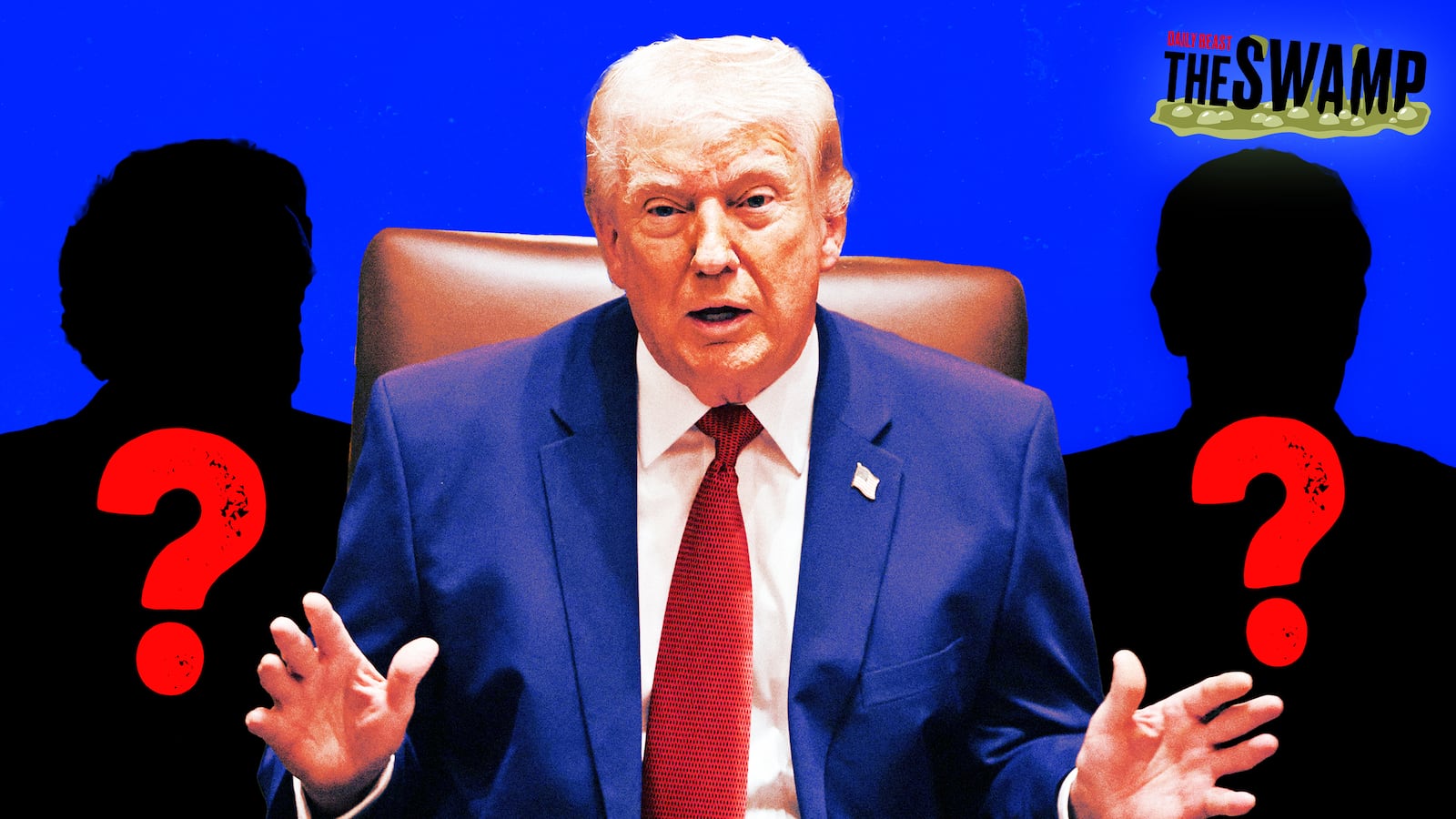 A photo illustration of Donald Trump during a cabinet meeting surrounded by mystery members.