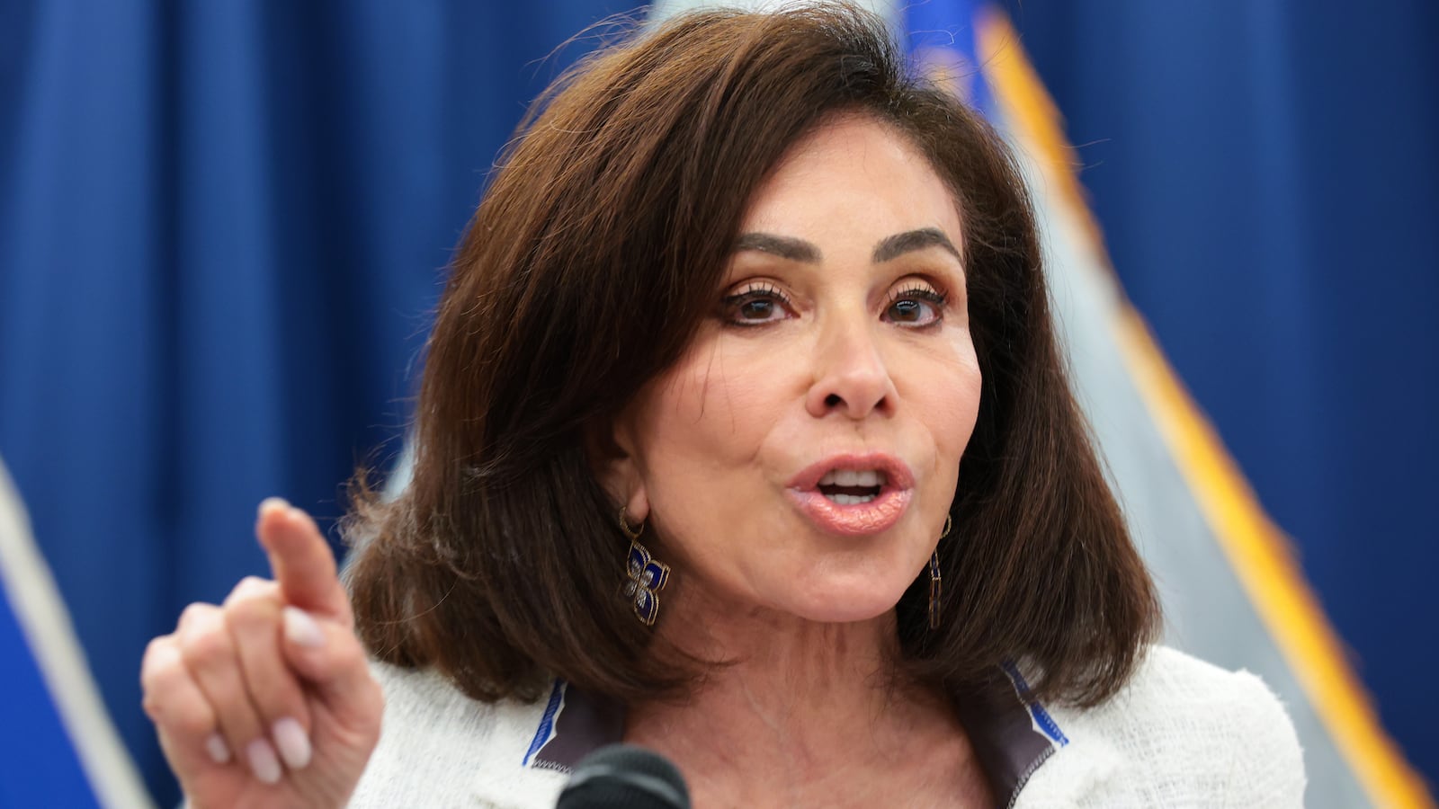 WASHINGTON, DC - JULY 02: U.S. Attorney for the District of Columbia Jeanine Pirro speaks during a press conference at the U.S. Attorney's Office for the District of Columbia on July 02, 2026 in Washington, DC. Pirro announced that former Olympic canoeist David Hearn has been indicted by a grand jury on charges related to alleged vandalism of the Lincoln Memorial Reflecting Pool. (Photo by Anna Moneymaker/Getty Images)