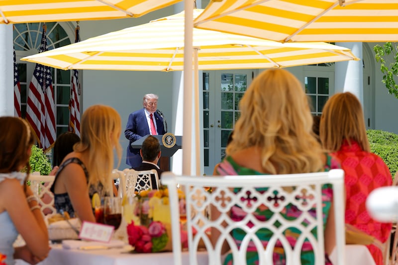 President Donald Trump delivers remarks during a Mother's Day luncheon with Angel Moms and Gold Star Mothers in the Rose Garden at the White House on May 08, 2026.
