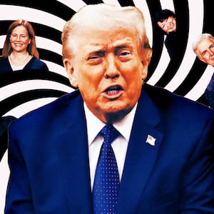A photo illustration Donald Trump and Supreme Court Justices in a spiral.