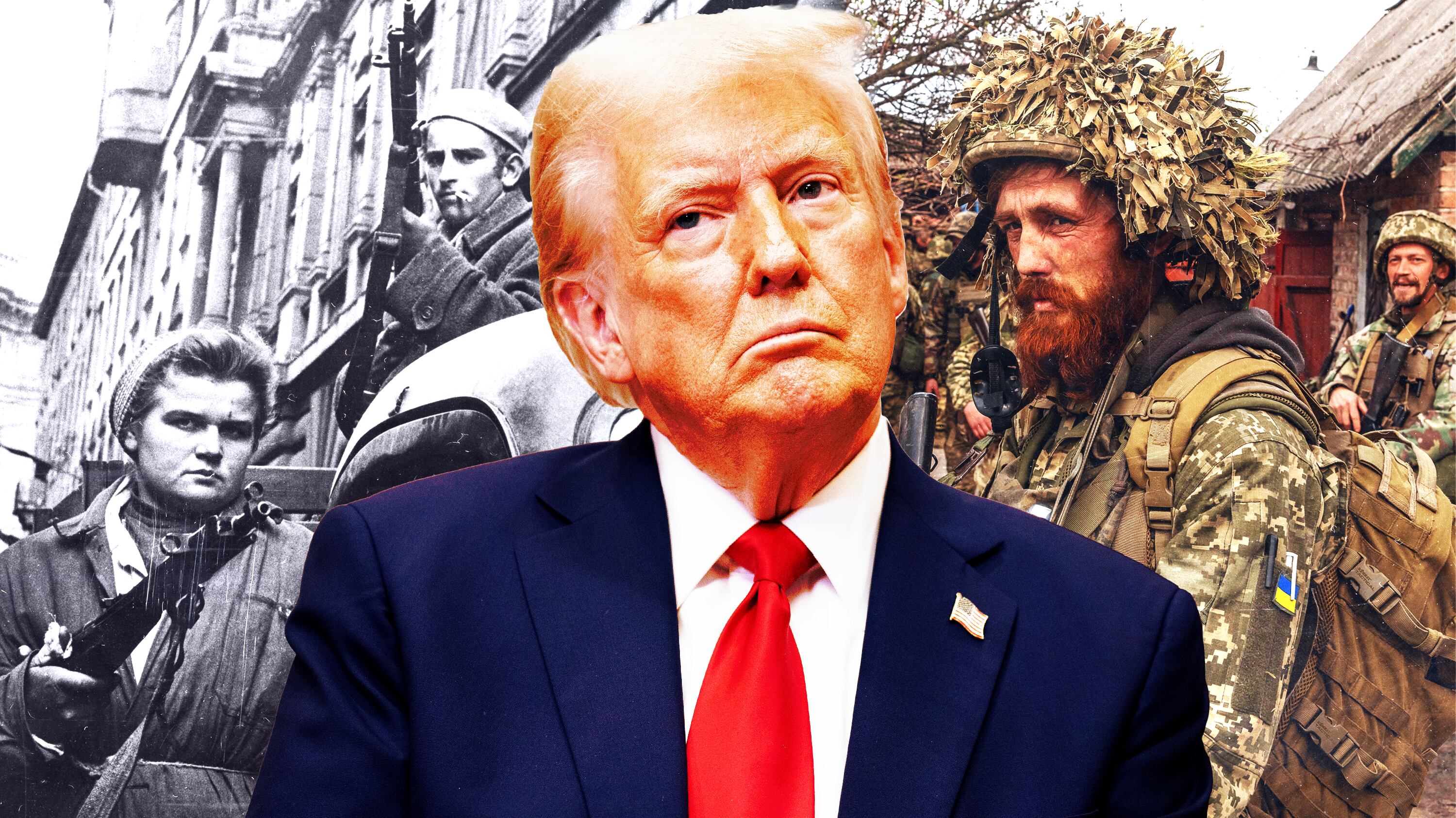A photo illustration of Hungarian freedom fighters in Budapest, Trump, and Ukrainian infantry soldiers of the 23rd Mechanized Brigade.