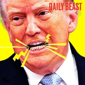 Donald Trump on a yellow background with lines coming out of his mouth