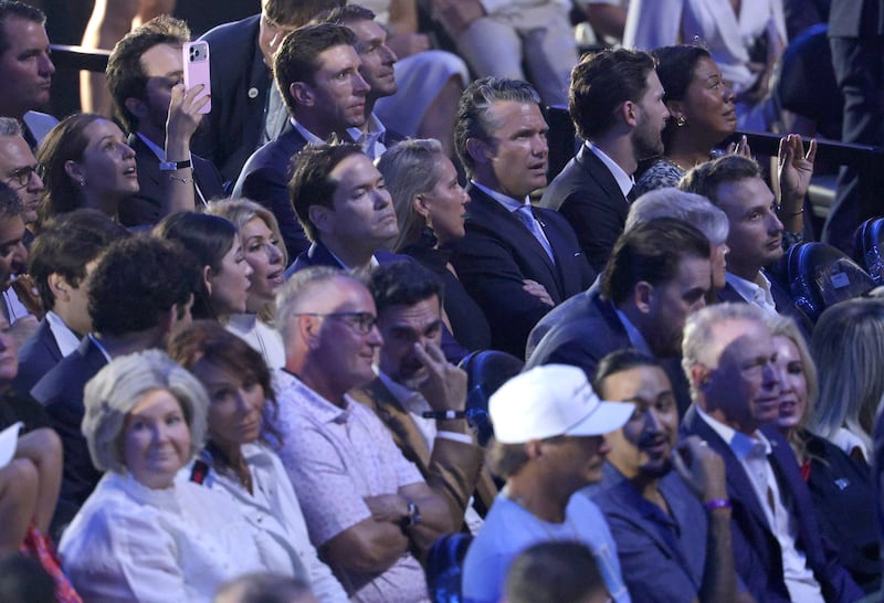 WASHINGTON, DC - JUNE 14: U.S. Secretary Marco Rubio (center left) and U.S. Secretary of Defense Pete Hegseth (center right) attend the UFC Freedom 250 fights on the South Lawn of the White House on June 14, 2026 in Washington, DC. President Trump is hosting a series of Ultimate Fighting Championship matches on his 80th birthday, which the White House is calling "a once-in-a-generation celebration of the American fighting spirit.” (Photo by Chip Somodevilla/Getty Images)