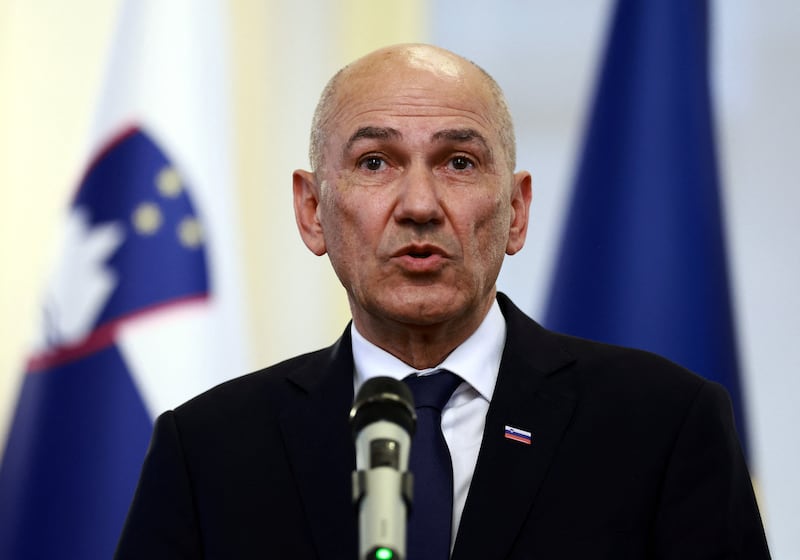 Slovenia's Prime Minister Janez Jansa speaks at a news conference after the signing of the new government in Ljubljana, Slovenia, June 4, 2026.