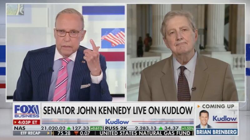 Two men in a split TV screen both in jackets and ties. A chyron says "Senator John Kennedy live on Kudlow."