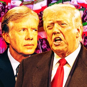A photo illustration of Jimmy Carter, Donald Trump, and Iran demonstrations.