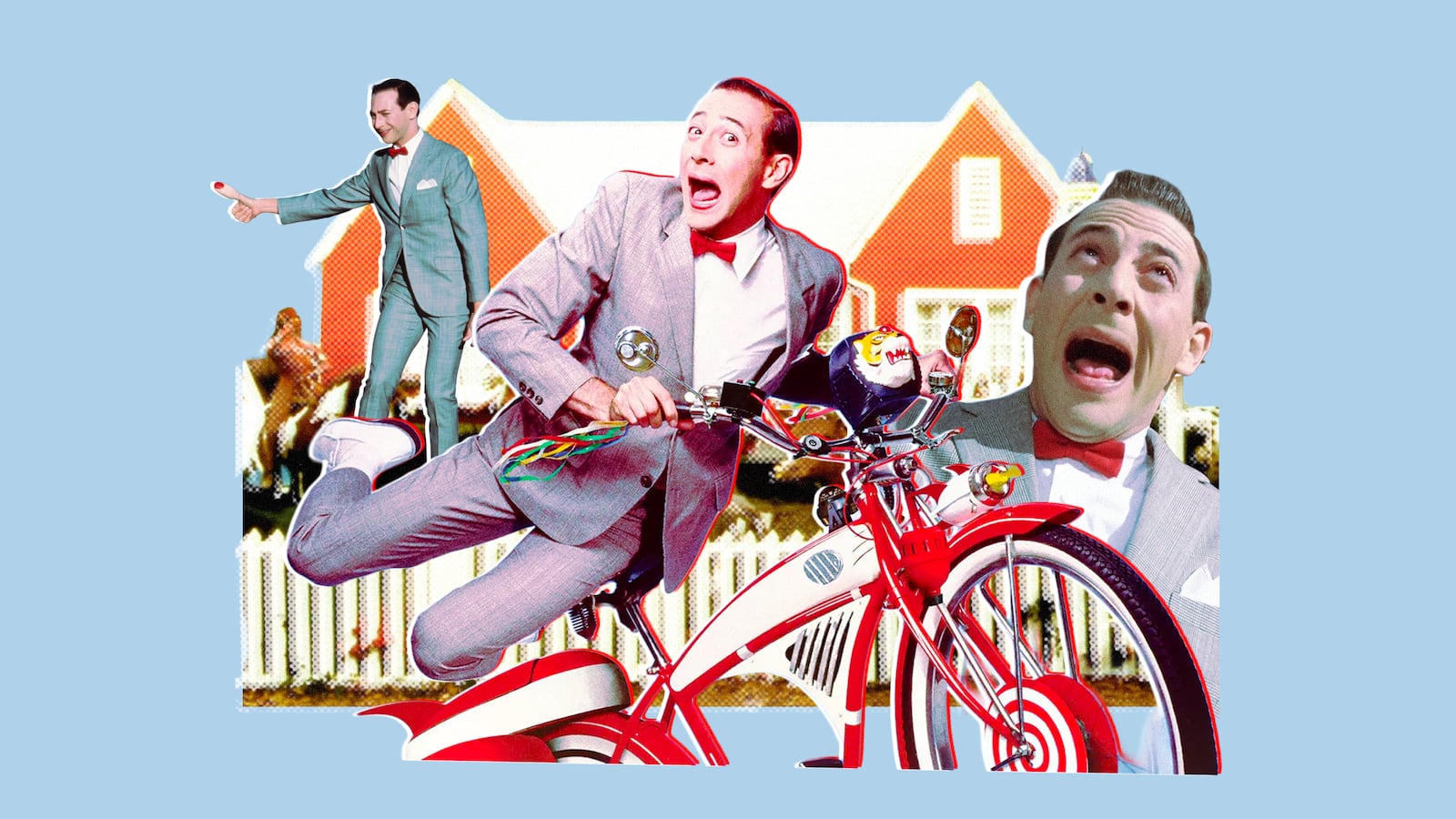 A photo composite of Paul Reubens in Pee-wee Big Adventure.