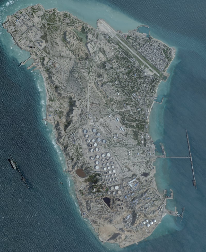A satellite image shows an oil terminal at Kharg Island last month. Trump said he withheld bombing oil infrastructure "for reasons of decency" as he tries to pressure Iran to reopen the Strait of Hormuz.
