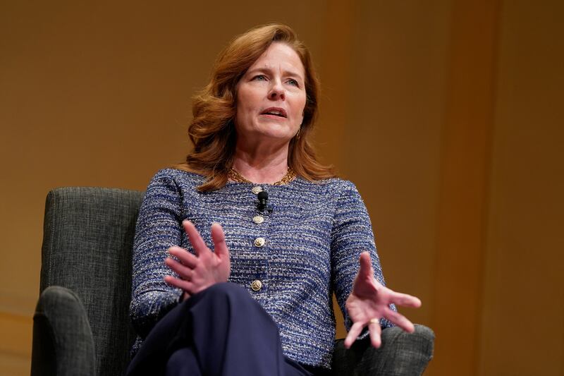 U.S. Supreme Court Justice Amy Coney Barrett takes part in the Supreme Court Fellows Program annual lecture at the Library of Congress in Washington, D.C., U.S., March 12, 2026.